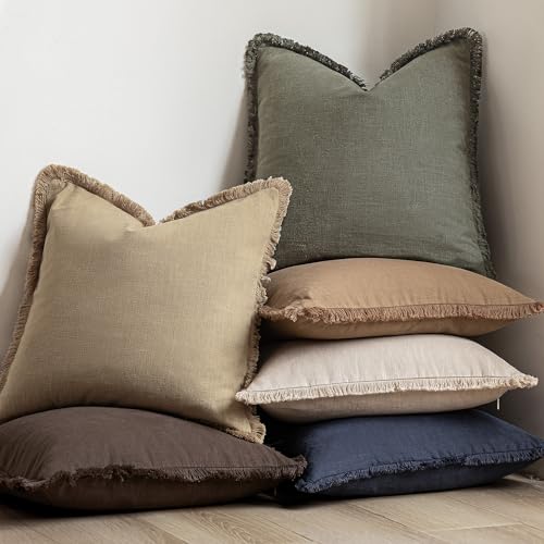 Boho Linen Fringe Lumbar Throw Pillow Covers 12×20 Reddish Brown (2 Count)