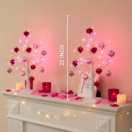 Valentines Day Decorations 2Pack Birch Tree with Hanging Heart (2 Count)
