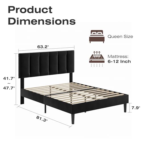 Queen Size Bed Frame with Upholstered Headboard