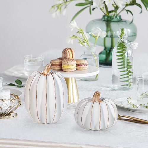 2Pcs Halloween Pumpkin Artificial Resin Pumpkins Decor for Mantel Harvest Autumn Tabletop Decoration Gold Fall Pumpkin Decorations Thanksgiving Table Centerpieces (2 Count)