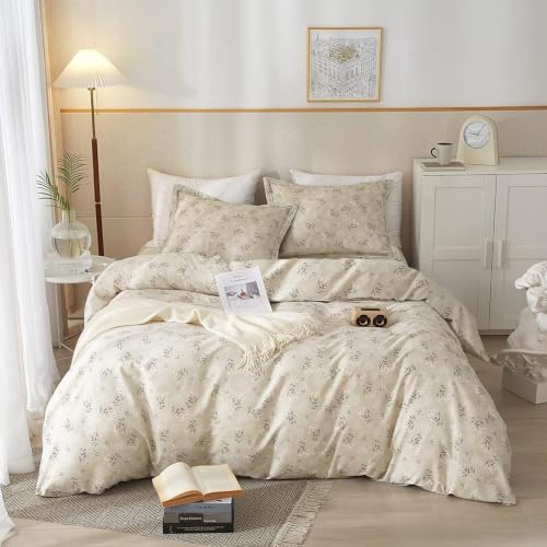 Boho Floral Comforter Set Full Size Vintage Style Floral Bedding Comforter with 2 Pillowcases Garden Flower Leaves Botanical Comforter Set Soft Fluffy 3 Pieces Bedding Set for Girls Women