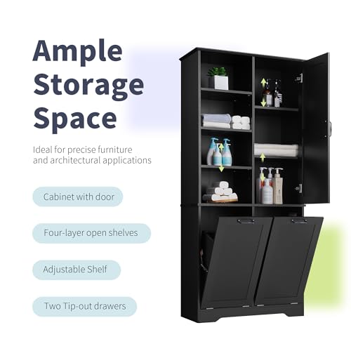 68" Tall Bathroom Storage Cabinet with One Door and Two Laundry Hampers for Home Display Organizer