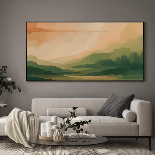 24"x46" Extra Large Framed Wall Art Serene Green Mountains Horizon Landscape Illustration for Home Living Room Bedroom Decor
