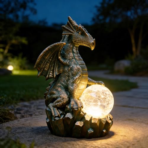 JOYBEE Dragon Solar Garden Statues Outdoor Decoration with Magic Orb