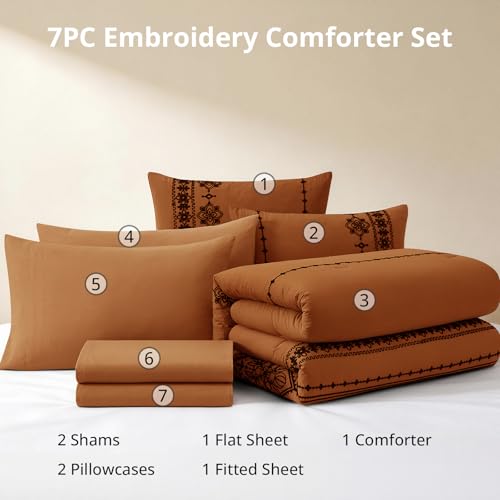 Queen Comforter Set Embroidery Floral 7 Pieces Bed in a Bag