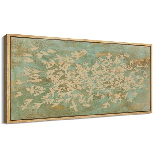 Extra Large Framed Canvas Print Wall Art Rustic Birds in Flight Abstract Pattern Antique Retro Fine Art Illustrations Decorative Colorful for Bedroom