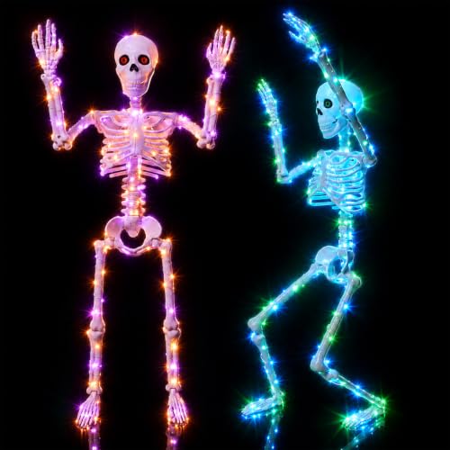 2Pack 36" Halloween Light up Skeleton Decor Outdoor (Blue&Green+Orange&Purple)