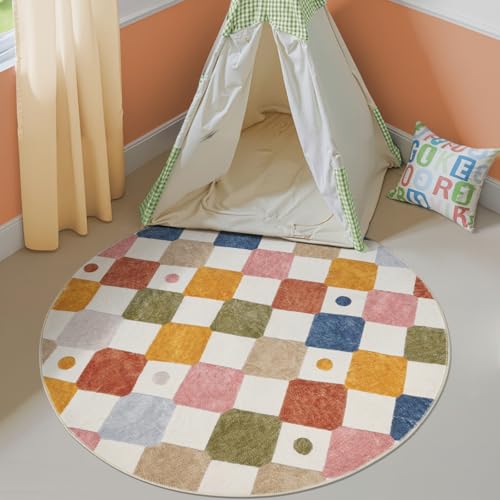 4ft Round Rug Washable Kids Playroom Rug Colorful Nursery Play Mat (12.57 Sq Ft)