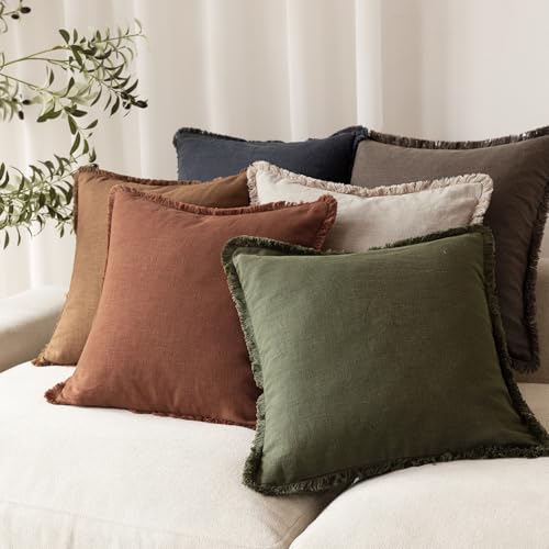 Decorative Linen Fringe Throw Pillow Covers 16×16 Rust Orange (2 Count)