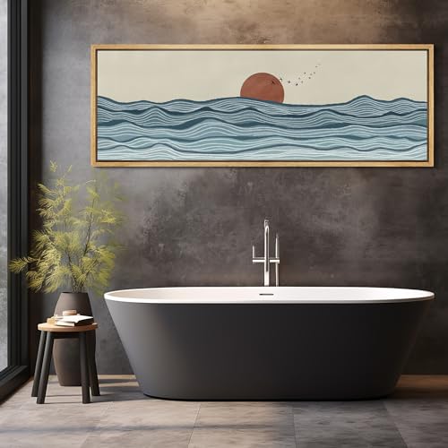 Large Framed Canvas Print Wall Art Calm Seascape Ocean Waves and Setting Sun Illustrations Antique Retro Fine Art Illustrations Decorative Colorful for Bedroom
