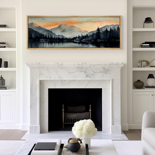 Large Framed Canvas Print Wall Art Sunset Mountain Range and Lake Panoramic Antique Retro Fine Art Illustrations Decorative Colorful for Bedroom