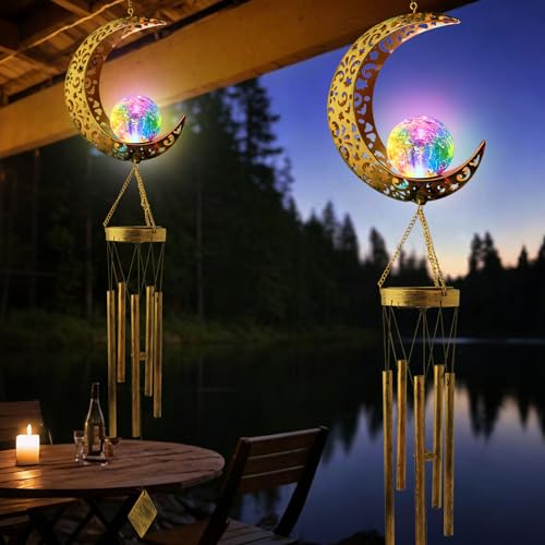 Solar Moon Wind Chimes for Outside Color Changing Unique Birthday Mom Gifts for Women Mom Grandma Crackle Glass Ball LED Wind Chimes Solar Lights Outdoor Garden Decor Light for Patio Yard Backyard