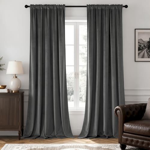 Grey Blackout Velvet Curtains Drapes 96 Inch Long 52"x96" Bedroom (2 Count)