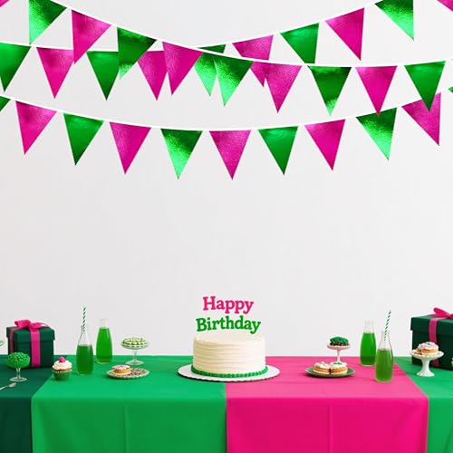 Pink and Green Party Decorations Metallic Hot Pink Light Green Fabric Triangle Pennant Banner Flag Bunting Garland for Witches Theme Birthday Wedding Baby Shower Engagement Bachelorette Party Supplies (36 Count)