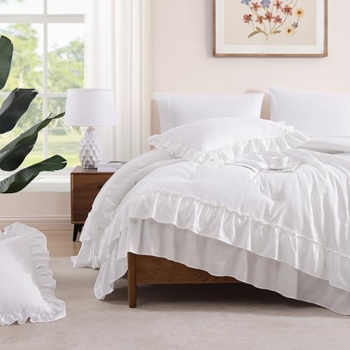 King Size Comforter Set White Ruffle 7 Pieces Farmhouse Bed in a Bag