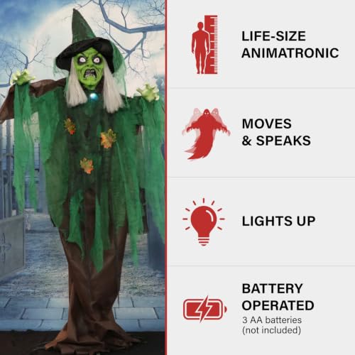 Talking Forest Witch Halloween Animatronic with Movement and Lights for Battery Operated Scary Indoor or Covered Outdoor Halloween Decorations (6FT Standing Witch)