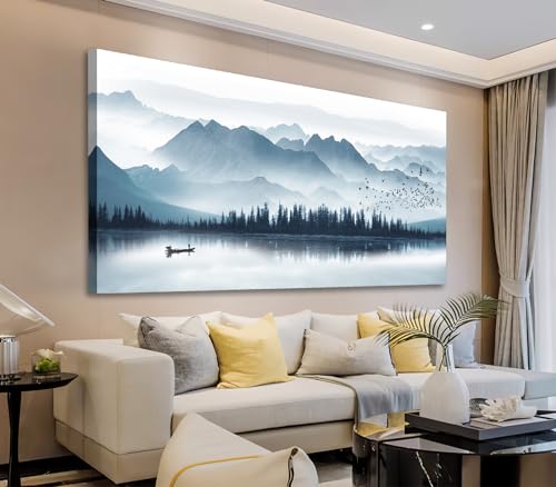 Indigo Canvas Wall Art Misty Mountain Wall Pictures Foggy Lake Boat Painting Prints Forest Birds Artwork Wall Decor for Living Room Wall Decorations Framed Ready to Hang 24" x 48"