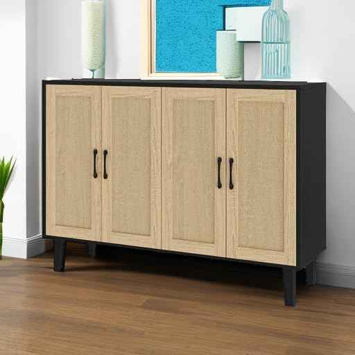Panana Buffet Storage Cabinet with Rattan Decorating 4 Doors Living Room Kitchen Sideboard 48.43 x 34.65 x 15 inch (Black)