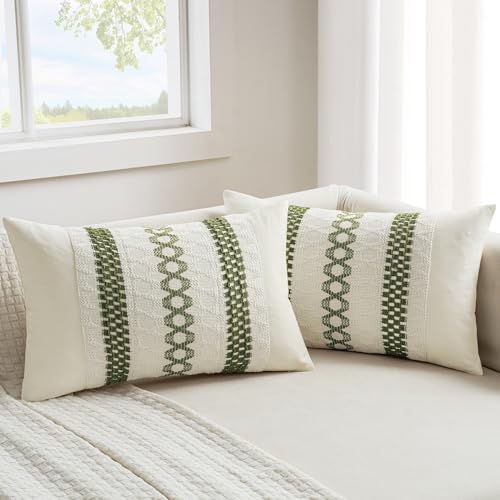 Set of 2 Moss Green Boho Decorative Lumbar Pillow Covers 12x20 Inch (2 Count)