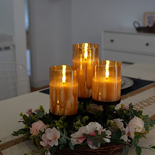 Gold Glass Flameless LED Candles Battery Operated with Remote Timer (3 Count)