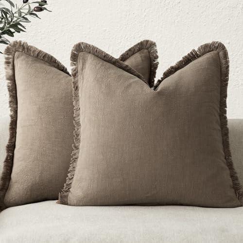 Decorative Linen Fringe Throw Pillow Covers 26×26 Light Brown (2 Count)