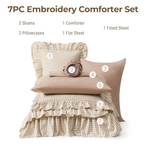 King Size Comforter Set Gingham Ruffle Tan 7 Pieces Bed in a Bag