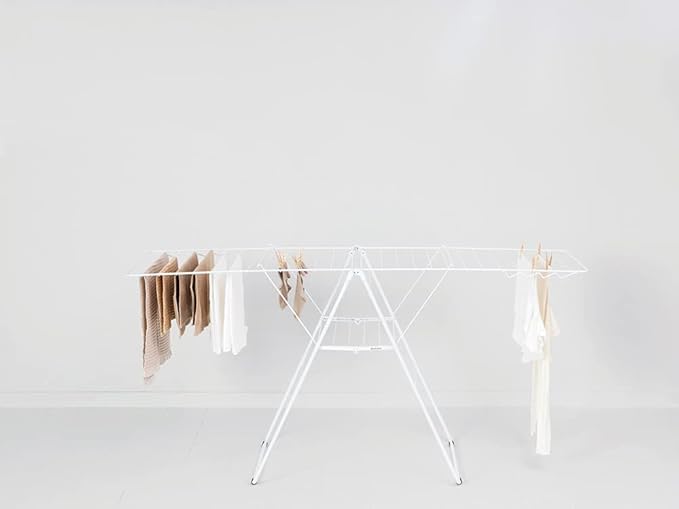 Brabantia HangOn Clothes Drying Rack | 82ft (25m) | White | Large Indoor Clothes Airer Laundry Stand with 2 Fold-Out Wings & Hanger Hooks, Folds Flat | Fits 2 Full Loads