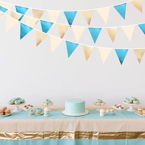 Champagne Gold Sky Blue Beige Decorations Metallic Fabric Triangle Pennant Banner Bunting Flag Garland for Birthday Baby Shower Engagement Wedding Graduation Bridal Shower Party Decorations Supplies (36 Count)