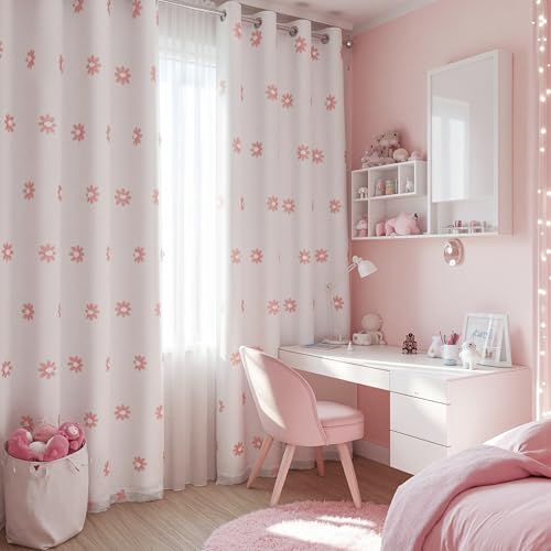 Pink Floral Blackout Curtains for Living Room 90 Inches Long Total Light Blocking Curtain for Girls Bedroom 2 Panels Grommet 100% Room Darkening Window Drapes with Flower Sheer 50W x 90L (2 Count)