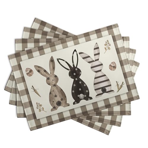 Easter Bunny Buffalo Plaid Placemats Set of 4 Rabbit Spring Egg Dining Table Placemats 12x18 Inch Check Brown White Heat Resistant Washable Table Mats for Kitchen Dining Holiday Indoor (4 Count)