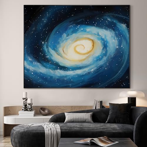 36"x46" Extra Large Framed Wall Art Spiral Galaxy Vivid Blue and Yellow Cosmic Space Illustration for Home Living Room Bedroom Decor