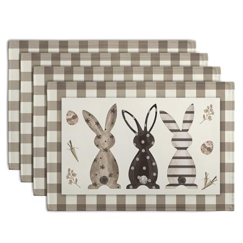 Easter Bunny Buffalo Plaid Placemats Set of 4 Rabbit Spring Egg Dining Table Placemats 12x18 Inch Check Brown White Heat Resistant Washable Table Mats for Kitchen Dining Holiday Indoor (4 Count)
