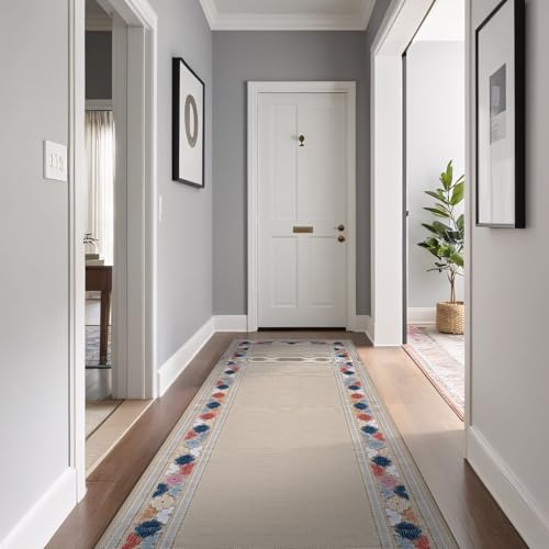 Outdoor Runner Rug 2x7 Modern Floral Bordered Area Rugs for Indoor and Outdoor Patio Easy to Clean Non Shedding Living Room Porch Garden Washable Outside Carpet (14 Sq Ft)