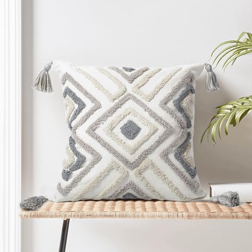Boho Pillow Covers 18X18 Inch Boho Tufted Throw Pillow Covers Decorative Tassels Cushion Cover Farmhouse Pillow Case for Couch Sofa Bed Living Room Bedroom