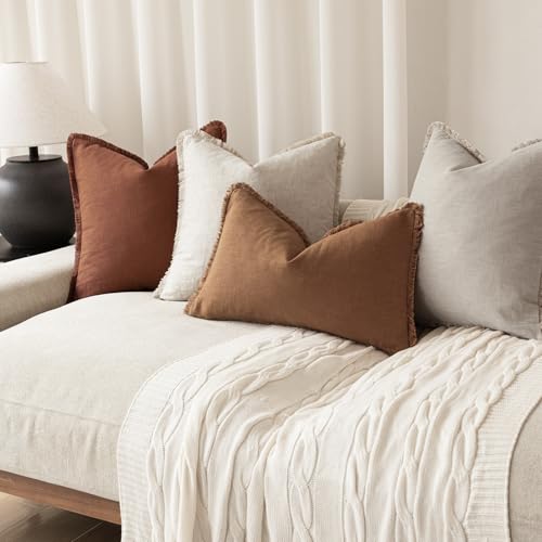 Decorative Linen Fringe Throw Pillow Covers 26×26 Orange Brown (2 Count)