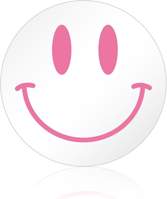 DARENYI Pink Preppy Mirror Circle, 12 inch Smiling Face Aesthetic Mirror for Teen Girls Preppy Room Wall Decor