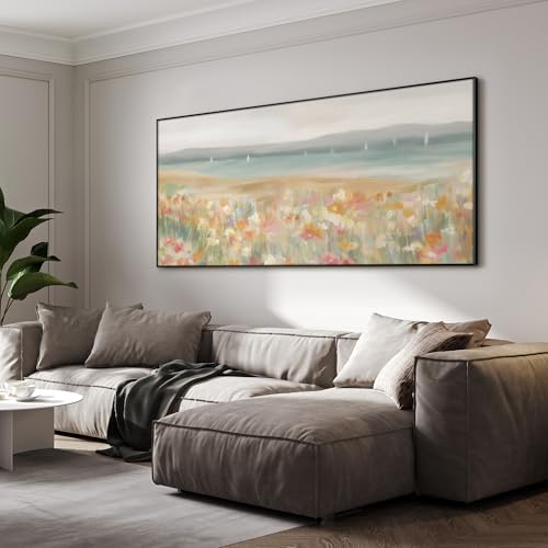 24"x46" Extra Large Framed Wall Art Coastal Flower Field with Sailing Boats Serene Landscape Illustration for Home Living Room Bedroom Decor