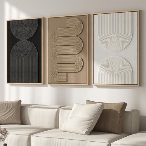 Large Framed Neutral Abstract Wall Art for Living Room (3 Count)