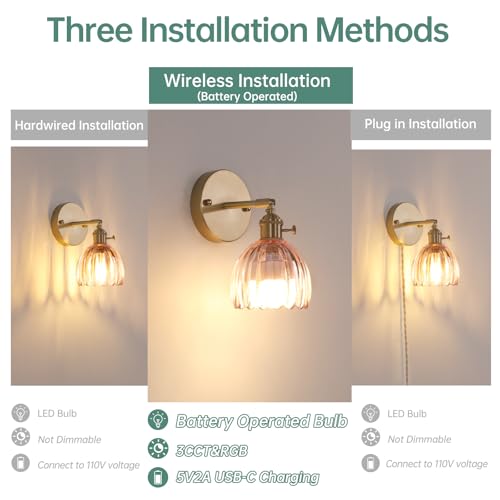 Vintage 5000 mAh Battery Operated Wall Sconce with Pink Clear Tulip Glass Lampshade Rechargeable Battery Powered Wall Light with Remote Control for Bedroom Doorway (2 Count)