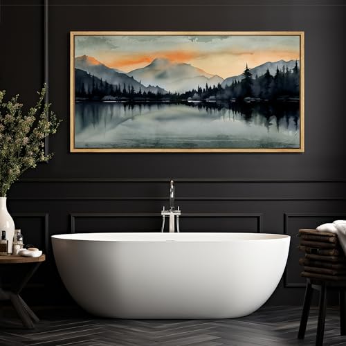 Extra Large Framed Canvas Print Wall Art Sunset Mountain Range and Lake Panoramic Antique Retro Fine Art Illustrations Decorative Colorful for Bedroom