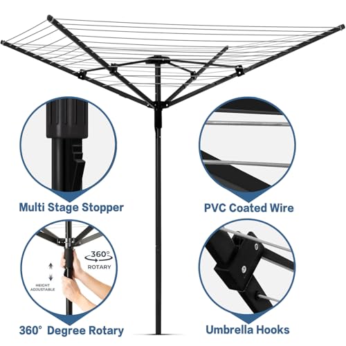 Rotary Outdoor Umbrella Drying Rack Adjustable Height Clothesline w