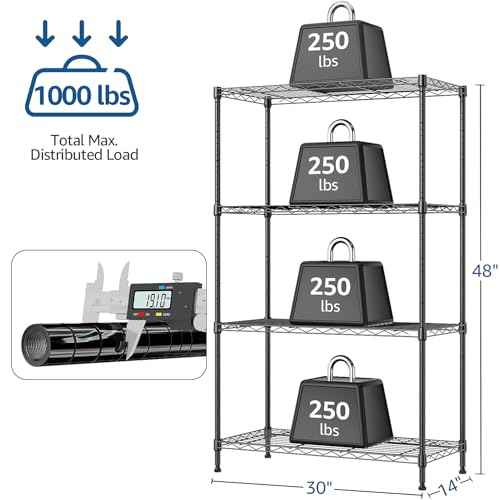 1000 lbs 4Tier Shelf Metal Storage Shelves Wire Rack Closet Organizers for Garage Kitchen Bathroom Laundry Black 13.7" D x 29.5" W x 47.2" H (4 Count)
