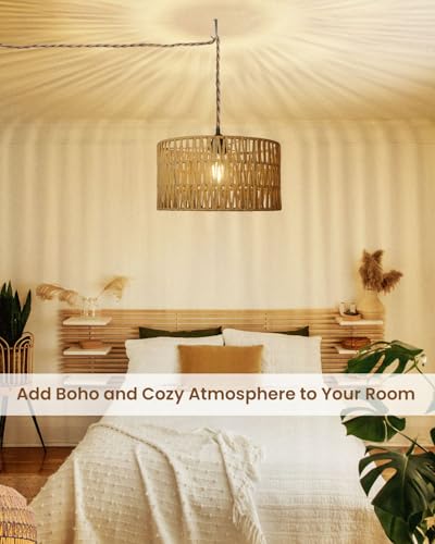12.6 Inch Boho Hanging Light with Plug in Cord Rattan Hanging Lamp Hand Woven Rattan Wall Lightfor Bedroom