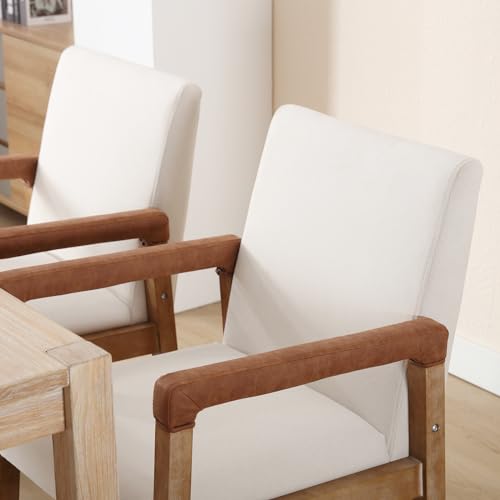 Modern Dining Chairs Set of 2 Linen Fabric Kitchen Arm Chairs Upholstered Accent Chairs with Wooden Legs for Dining Room (2 Count)