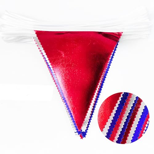 Red Blue Silver Party Decorations Metallic Fabric Triangle Pennant Banner Flag Bunting Garland for Graduations 4th of July American USA National Day Patriotic Veterans Birthday Outdoor Party Supplies (32 Foot)