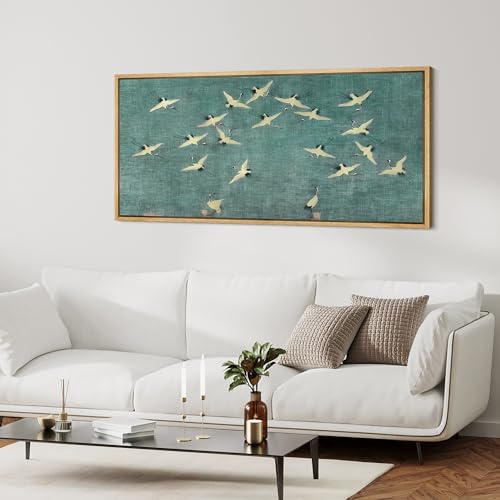 Extra Large Framed Canvas Print Wall Art Serene Skies White Birds in Flight on Teal Antique Retro Fine Art Illustrations Decorative Colorful for Bedroom