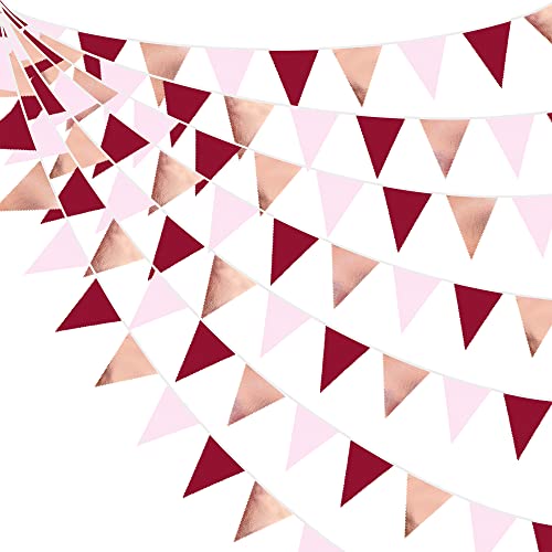 Burgundy Party Decorations Rose Gold Maroon Pink Fabric Triangle Pennant Banner Pink Garnet Flag Bunting Garland for Graduation Wedding Birthday Bridal Shower Bachelorette Anniversary Party Supplies (36 Count)