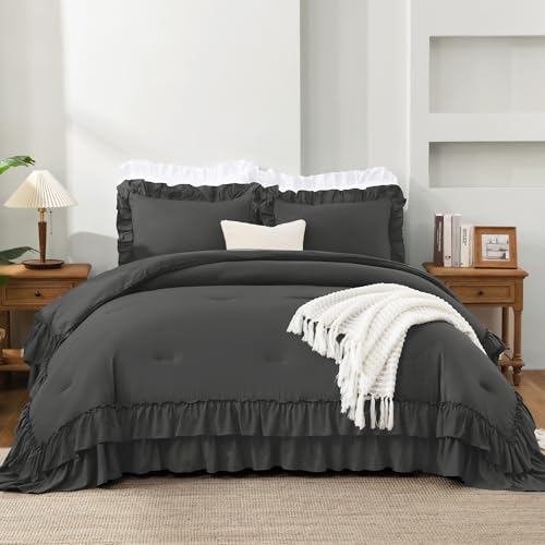 Dark Grey Twin Size Ruffle Comforter Set