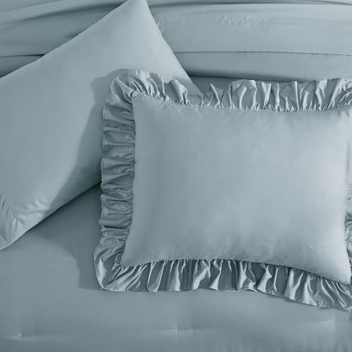 Full Size Comforter Set Dusty Blue Ruffle 7 Pieces Farmhouse Bed in a Bag
