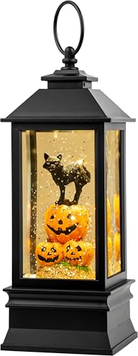 10'' Halloween Snow Globe Lantern Lighted Musical Water Lantern Spooky Pumpkin and Witch' s Black Cat Combo with Swirling Glitter